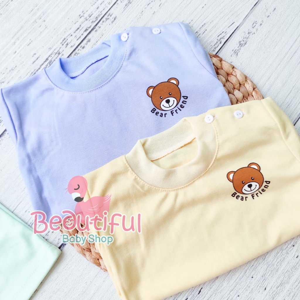 Setelan Pendek Bayi 3-12 Bulan Motif Polos Bear / Baju Bayi Pendek / Setelan Harian Bayi / Kaos Oblong Bayi &amp; Anak Kancing Pundak / Baby.ou