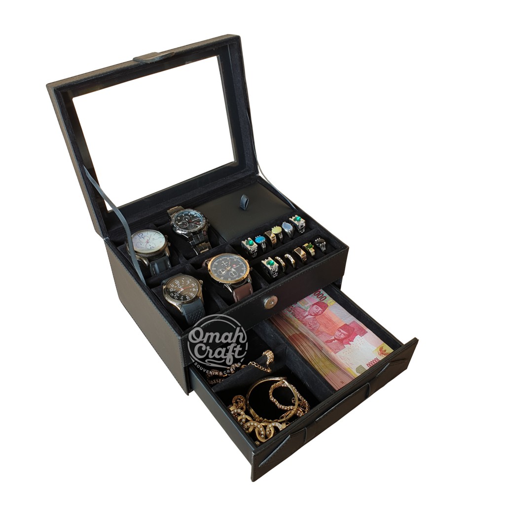 SIZE JUMBO - Kotak Jam Tangan isi 4 Kombinasi Perhiasan dan Aksesoris / Jewelry Box Warna HITAM FULL