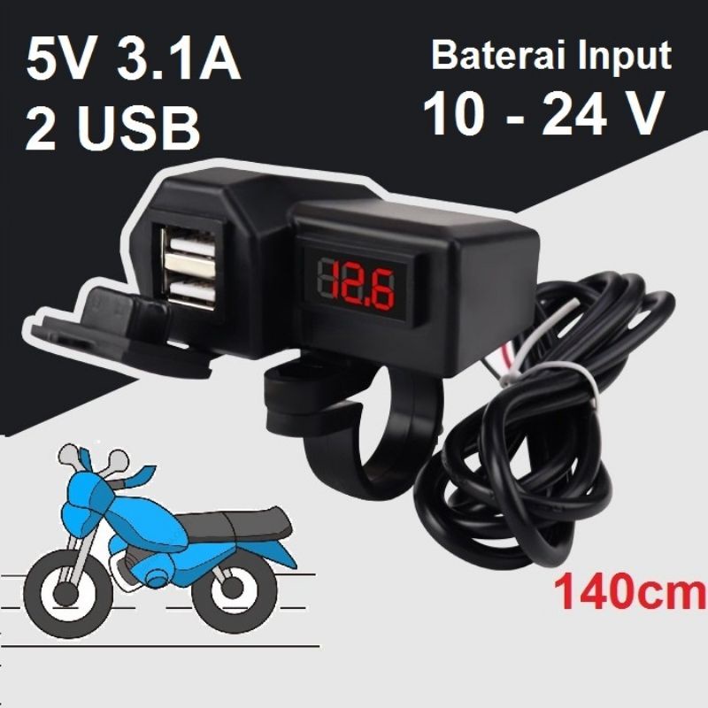 Motorcycle Digital Voltmeter Charger Motor Cas HP Motor 2 USB 3.1A