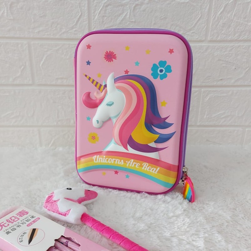 COD, ready: Tempat pensil kotak pensil 3D Unicorn Hardtop Pencil Case tempat pensil mermaid