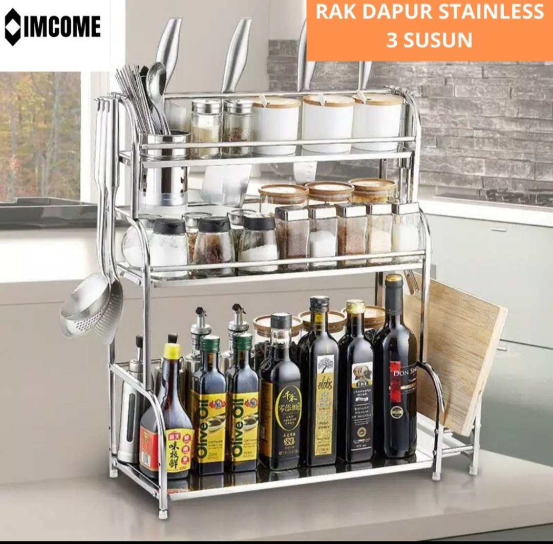 Rak Bumbu Dapur 3 Susun Tingkat Serbaguna Tempat Peralatan Masak Pisau Talenan Dapur Bahan Stainless