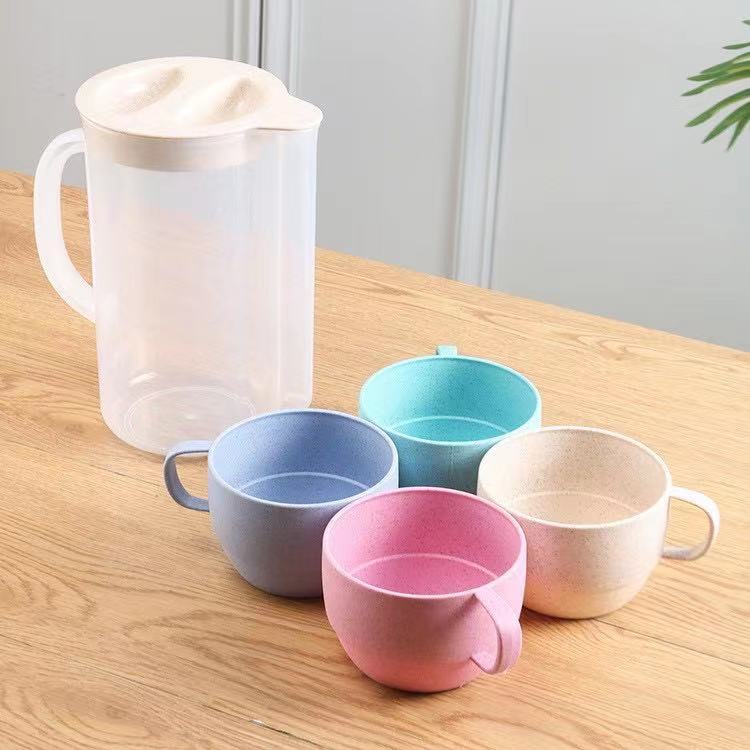 Kettle Pitcher Teko 1,2 Liter Set Cangkir 4in1 Bahan Jerami Gandum Wheat Straw Tahan Panas Tempat Minum Import - CF-11- 88Blanketstore