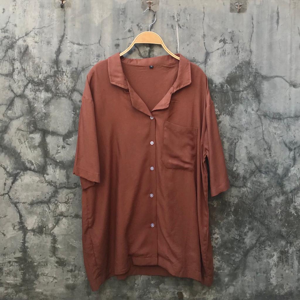BOWLING - Oversized Shirt Hawai Kemeja Pantai Basic Polos Ukuran Besar Kancing Rayon Unisex-Chesnut