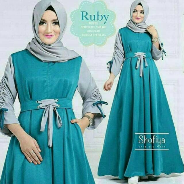 Baju Muslim Tunuk Long Dress Gamis Busana Untuk Lebaran-Biru Tosca
