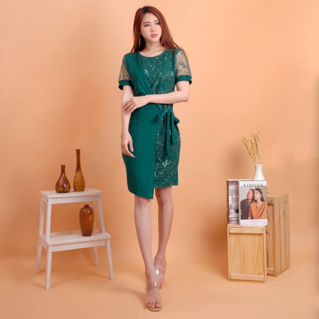 Kathryn collection #4207 , Dres span scuba import kombinasi tile bordir gliter mutiara