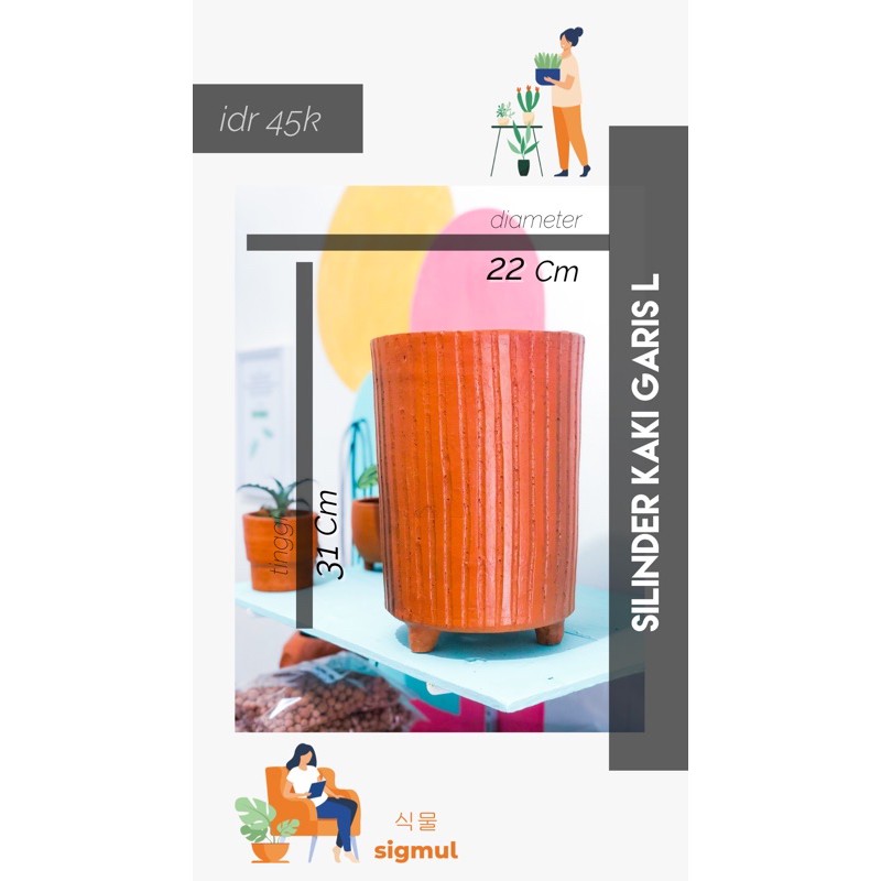 Pot Terakota / Pot Gerabah / Pot Teracotta / Tanah Liat Silinder Kaki Garis