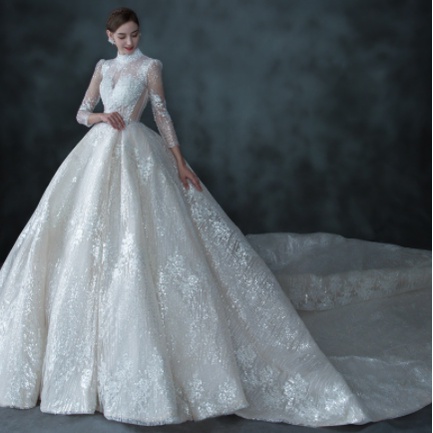 BRIDAL 3/4 LENGAN PANJANG KERAH TINGGI ELEGANT BLINK BLINK /GAUN PERNIKAHAN  EKOR PENGANTIN BROCADE