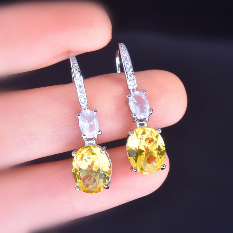 Anting Kait Gantung Bentuk Oval Besar Hias Berlian Imitasi Warna Kuning Untuk Wanita