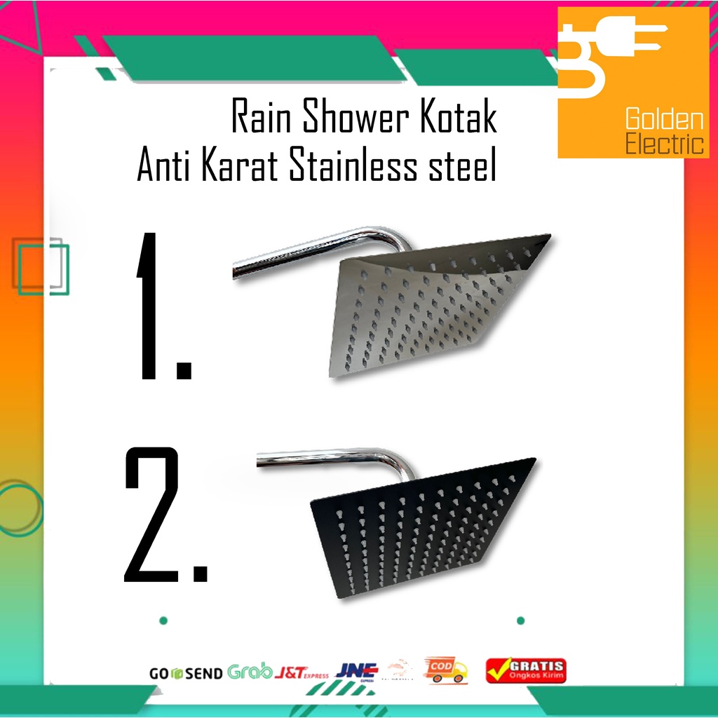 Rain Shower Head Wall Mandi Tembok Stainless Steel Kepala KOTAK Silver Hitam Square