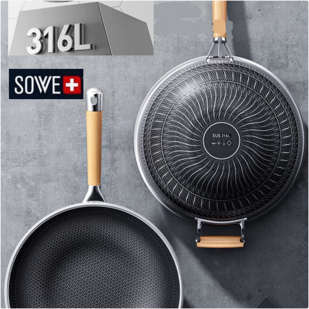 Sowe HoneyComb Wok Frying Pan / Wajan Premium 32Cm 34Cm - 316L Stainless