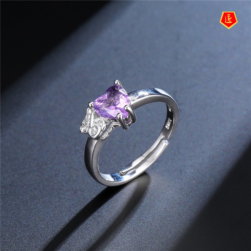 [Ready Stock]Korean Simple Fashion Heart Shape Amethyst Ring