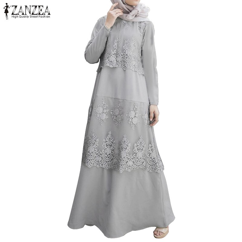 ZANZEA Women O Neck Long Sleeve Lace Stitching Muslim Long Dress