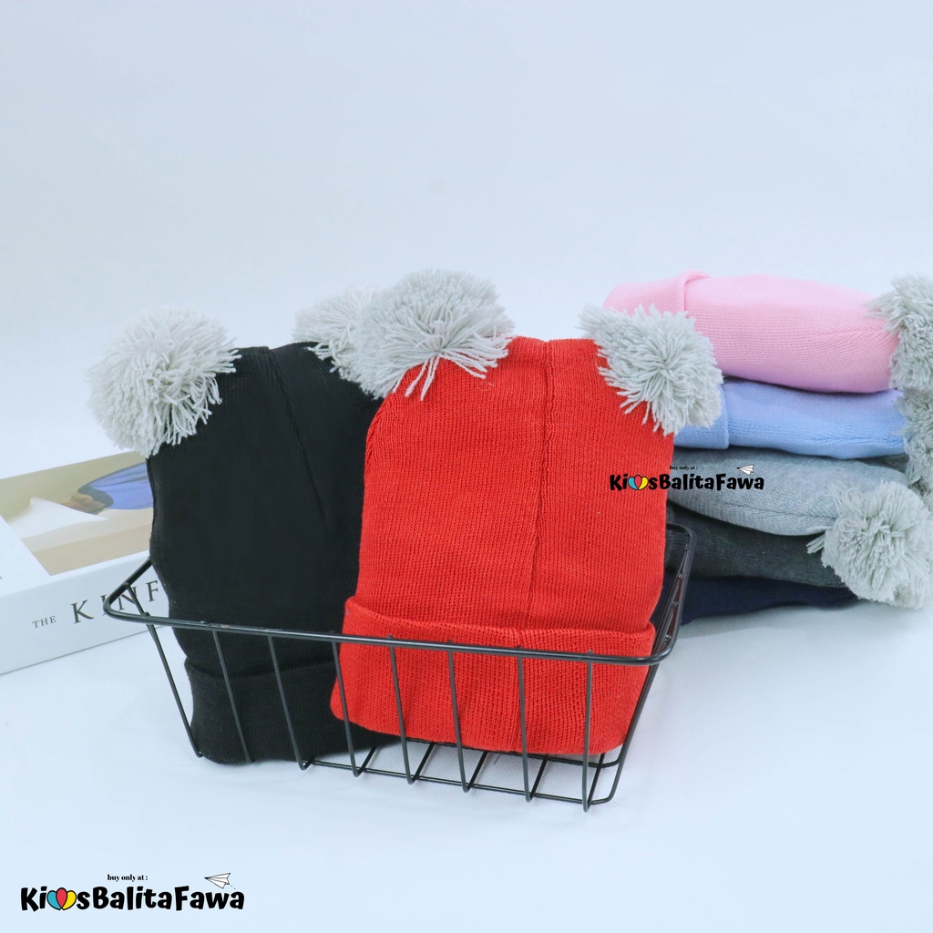 Kupluk Bayi Pom Pom Rajut /  Topi Baby Laki Laki Hair Murah Wool Polos Aksesoris Anak