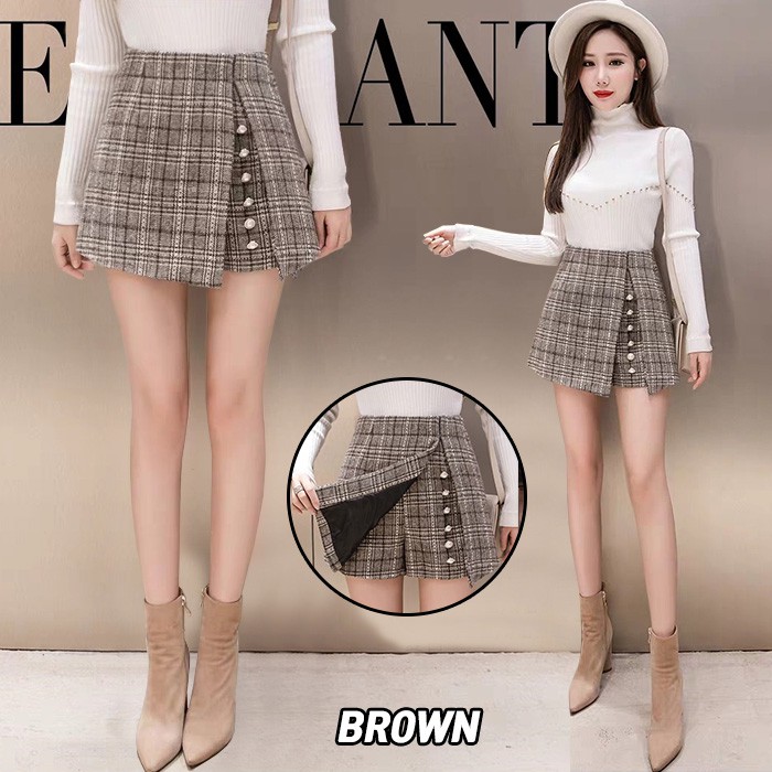 KARAKOREA 8862 Hailey Diamond Tweed Pants/Rok Celana/Celana pendek/Plaid Pants/Skirt Pants/Rok Korea Skirt/Rok Autumn/Rok Winter