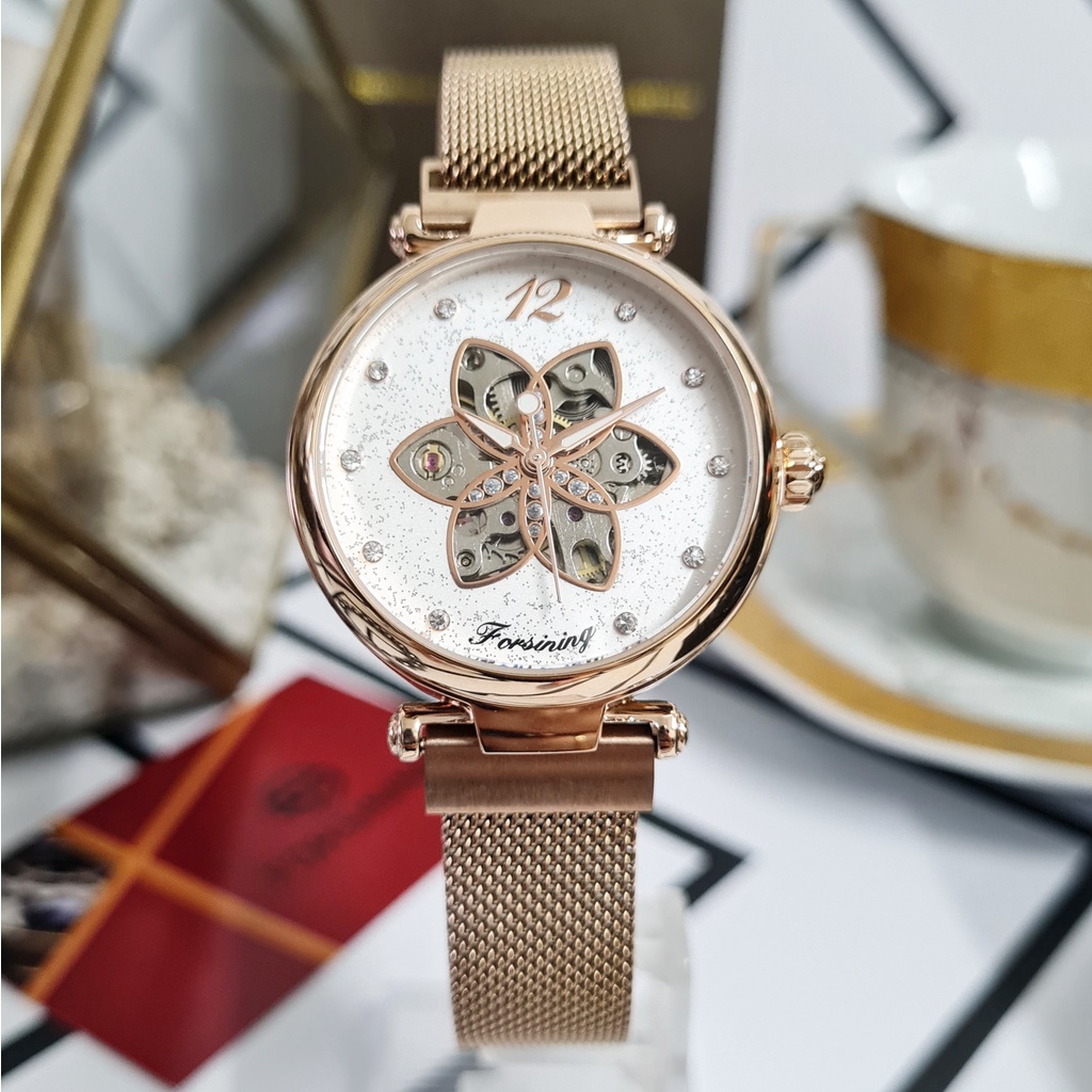 (COD) Jam Tangan Wanita Original FORSINING Blossom Automatic Otomatis Skeleton Mechanical Mekanik Go
