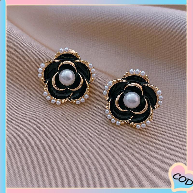 COD❤️ Tren Anting Pejantan Camellia Gaya Hong Kong Anting Pejantan Perak Mutiara-A.one