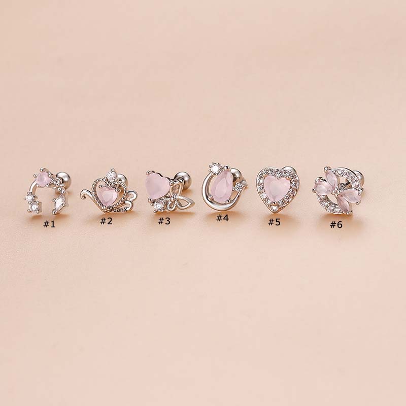1pc Anting Tindik Tulang Rawan Telinga Bentuk Hati Pink Bahan Stainless Steel 20Gauge Dengan Zircon