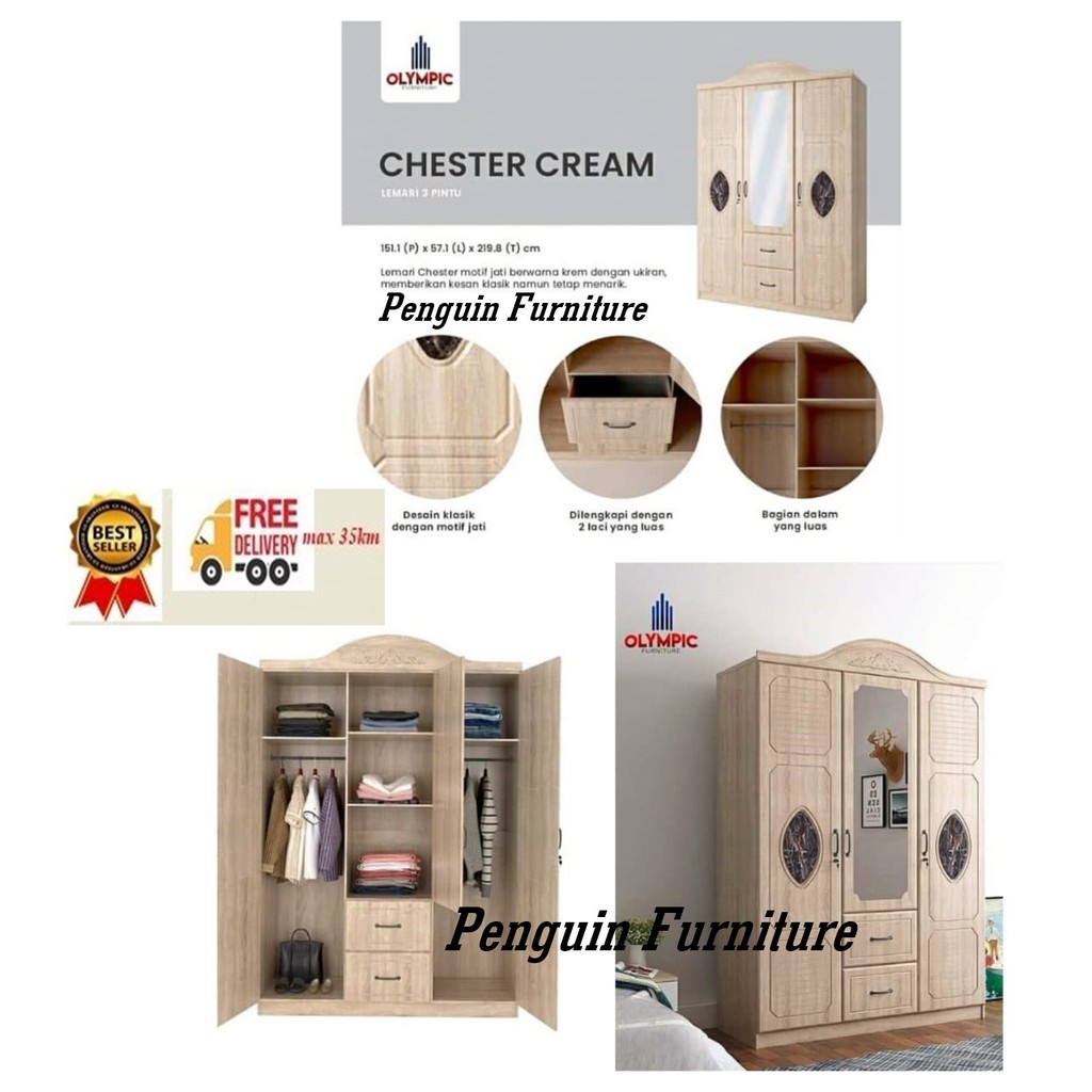 WRTM CHESTER CREAM Lemari Pakaian 3 Pintu Olympic jumbo