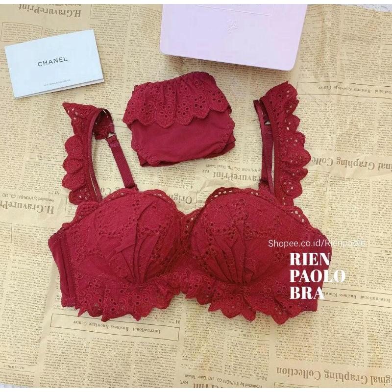 Premium Bra BH + Celana Dalam CD G String Set Sexy Hot Lingerie Tanpa Kawat Motif Bordir Bunga Trans