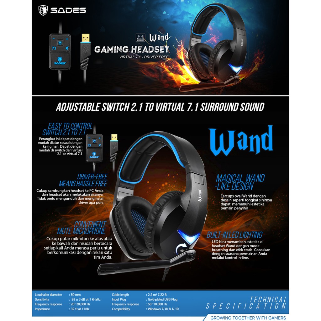 Sades Wand USB 7.1 Virtual Sound Gaming Headset