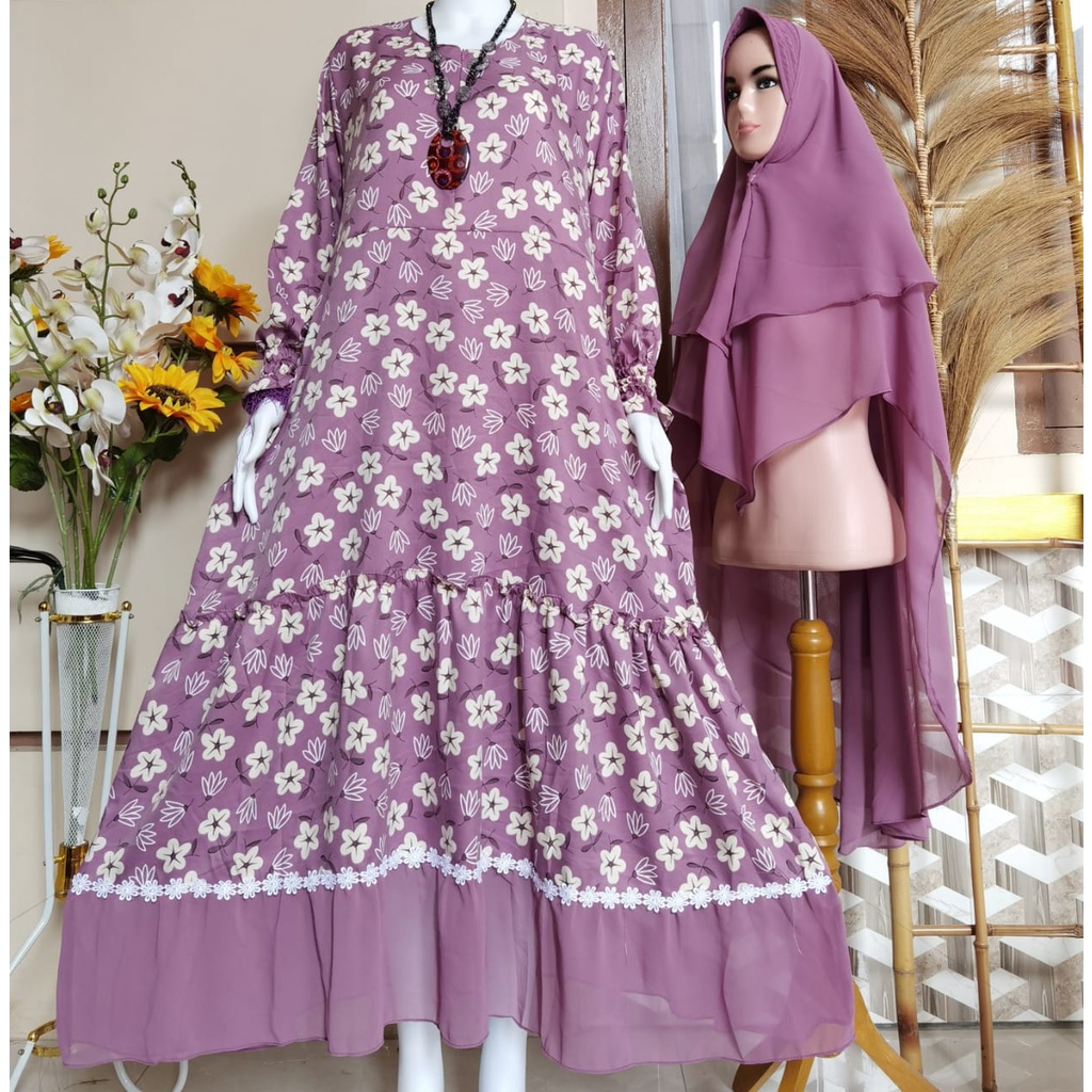 GAMIS SHAKILA PREMIUM SUPER LEMBUT & ADEM MOTIF BUNGA SET SYAR'I 2LAYER TERBARU/GAMIS SHAKILA PREMIU