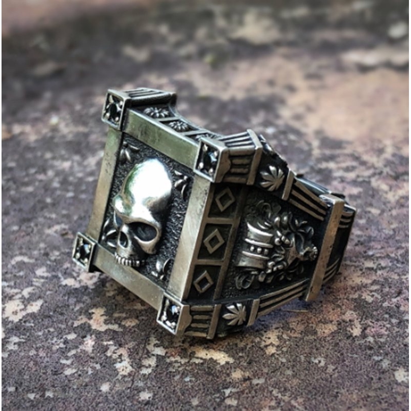 Gothic Skull Flower Black Zircon Crystal Stainless Steel Signet Ring Fashion Mens and Woman Punk