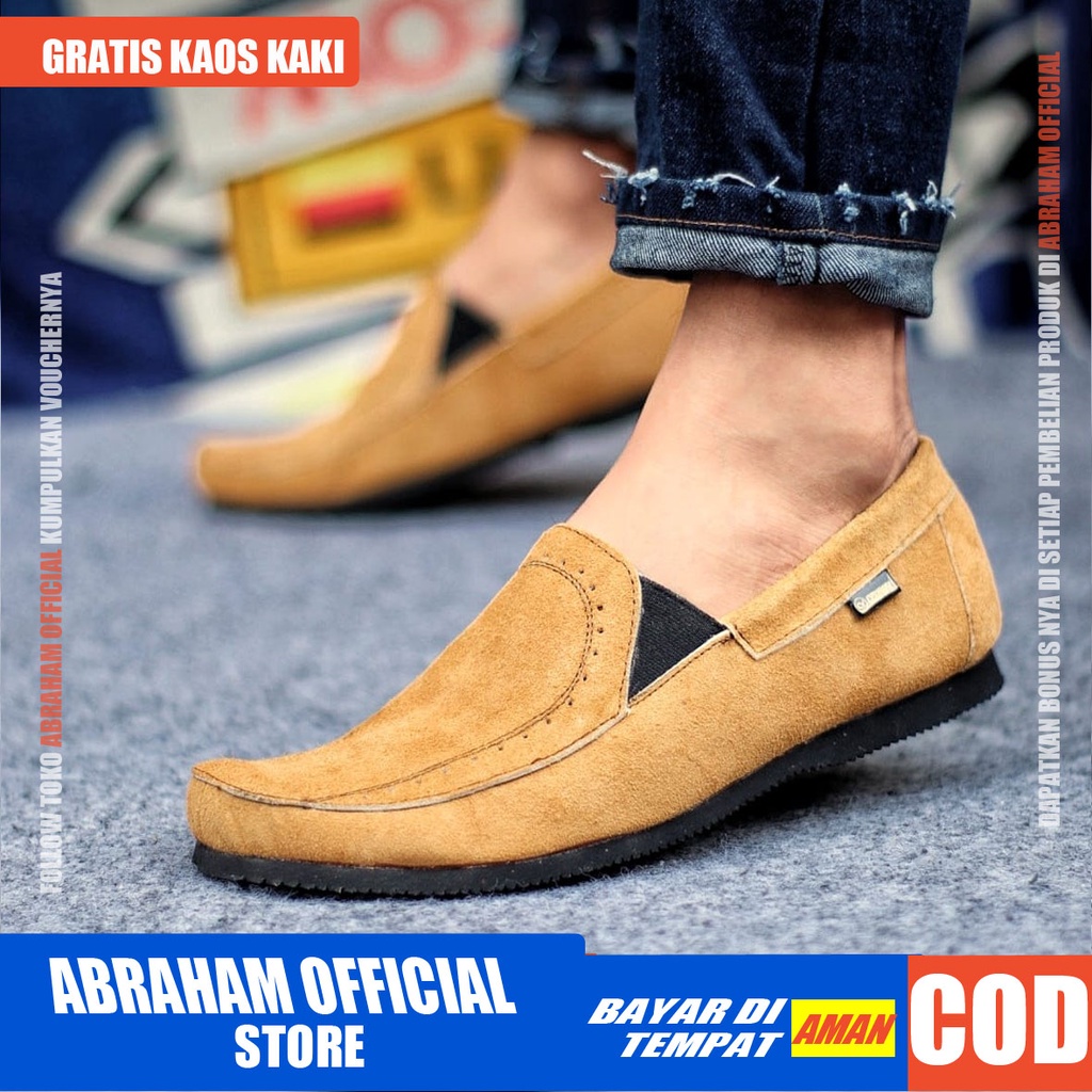 ABRAHAM Sepatu Casual Slip On Kulit Asli Hitam Kerja Slop Pria