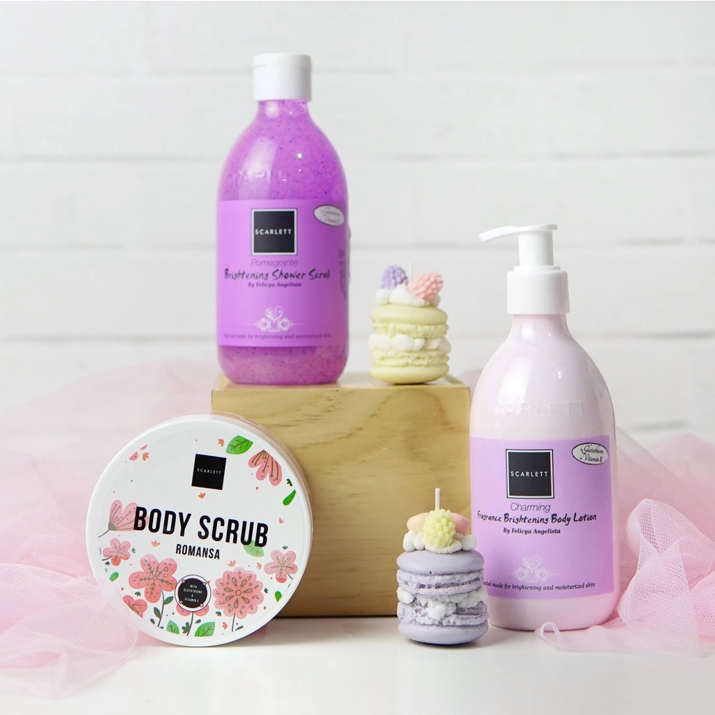 PAKET SCARLETT BRIGHTENING BODY SCRUB ROMANSA + SHOWER SCRUB POMEGRANTE + BODY LOTION CHARMING BPOM