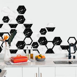 10Pcs Set Stiker  Lantai  Hexagon Motif  Marmer  Hitam Putih 