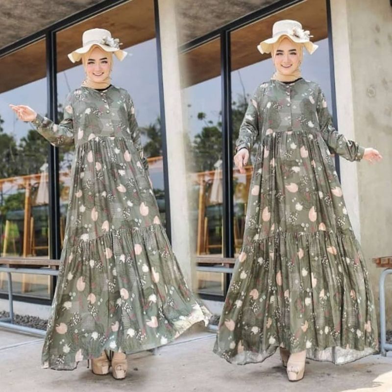 GAMIS MAXI DRESS RAYON PREMIUM LD 100 - 110 HOMEYDRESS BUSUI BAJU GAMIS SERAGAM MOTIF TERBARU V.2-HAMIKO HIJAU DRESS