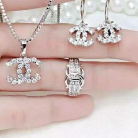 ➫ Fourfashion Set perhiasan wanita Chennel Silver lapis emas putih ♦