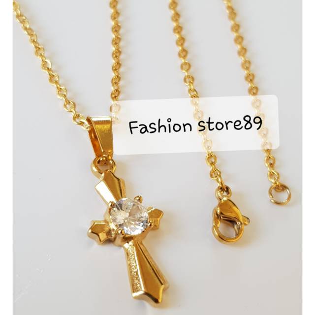 Kalung fashion salib permata Import titanium gold /kalung fashion Rohani antikarat KS025