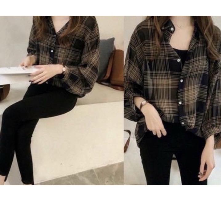 Terbaru.. KEMEJA WANITA JUMBO OVERSIZE KOTAK KOTAK LD 100cm XL ATASAN KATUN BAJU CEWEK IBU HAMIL MEN