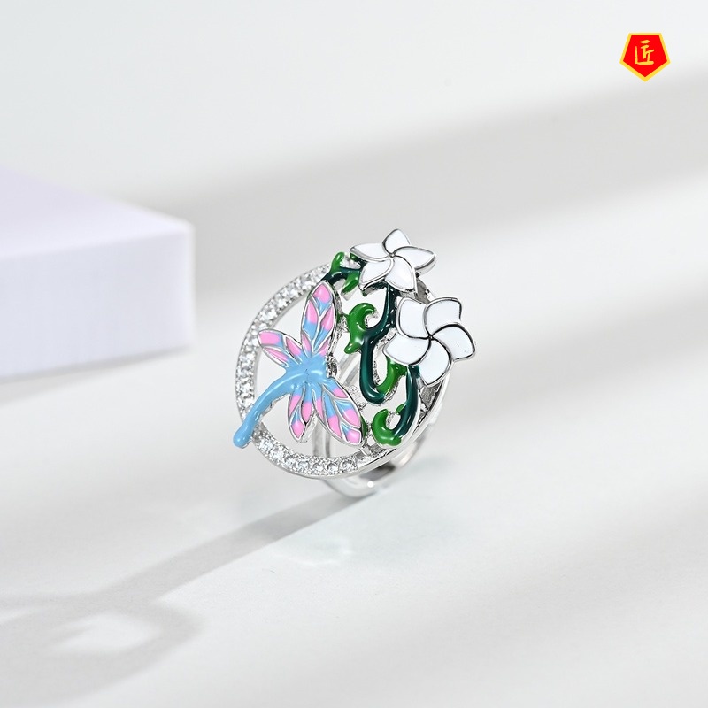 [Ready Stock]Dragonfly Pendant Flower Rings Ear Studs Set