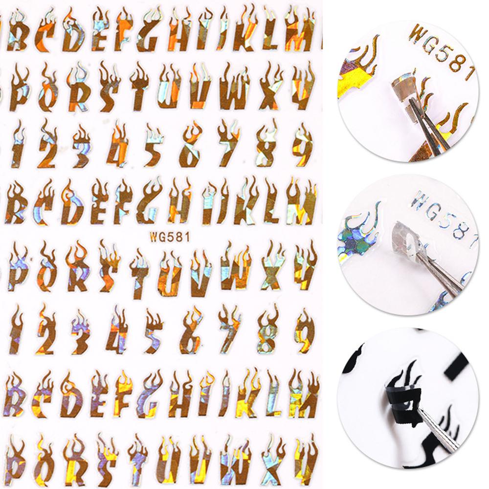 AUGUSTINA Agustina Flame Letter Nail Art Sticker Fashion Angka Pola Laser Foils Dekorasi Kuku DIY