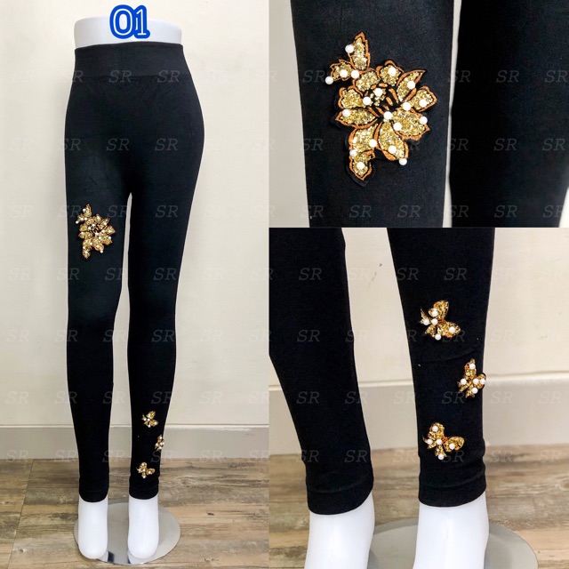 Legging Import Wanita Aplikasi Bunga Mutiara Cantik Softkatun Jumbo