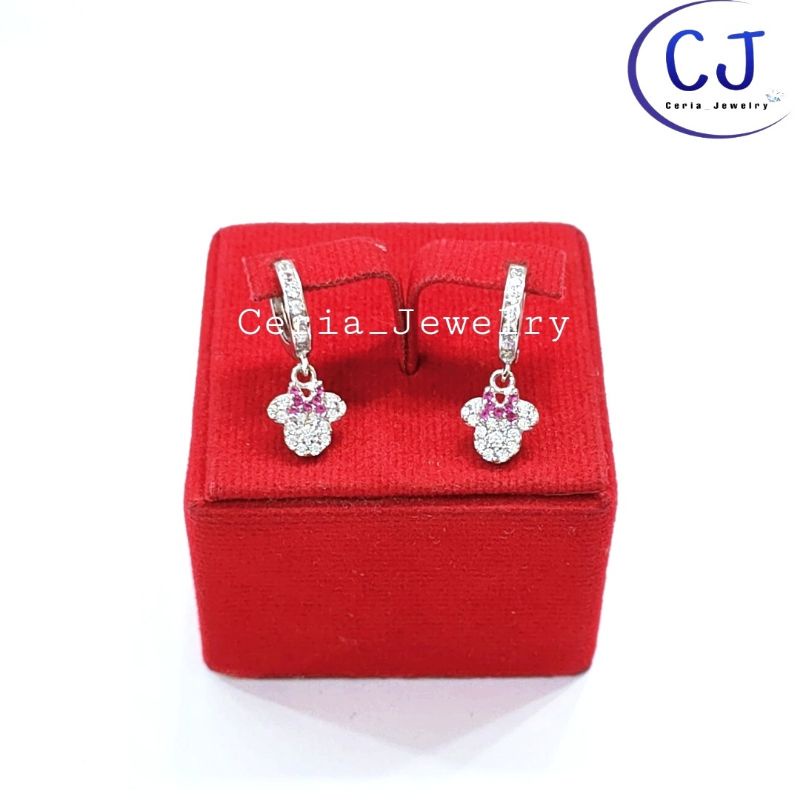 Anting Perak Asli Silver Wanita Dewasa - Anak 925 Lapis Emas Putih Model Mickey Mouse Permata - Perak Asli Murni