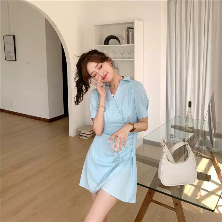 [littlecrab] Dress Wanita French Style Hitam Putih Biru Langit Dress V Neck Simple Elegan Casual Berkerah Dress Polos Dress Jalan Soft Color Dress Pesta Dress Pendek High Quality Dress Berkualitas Korean Style