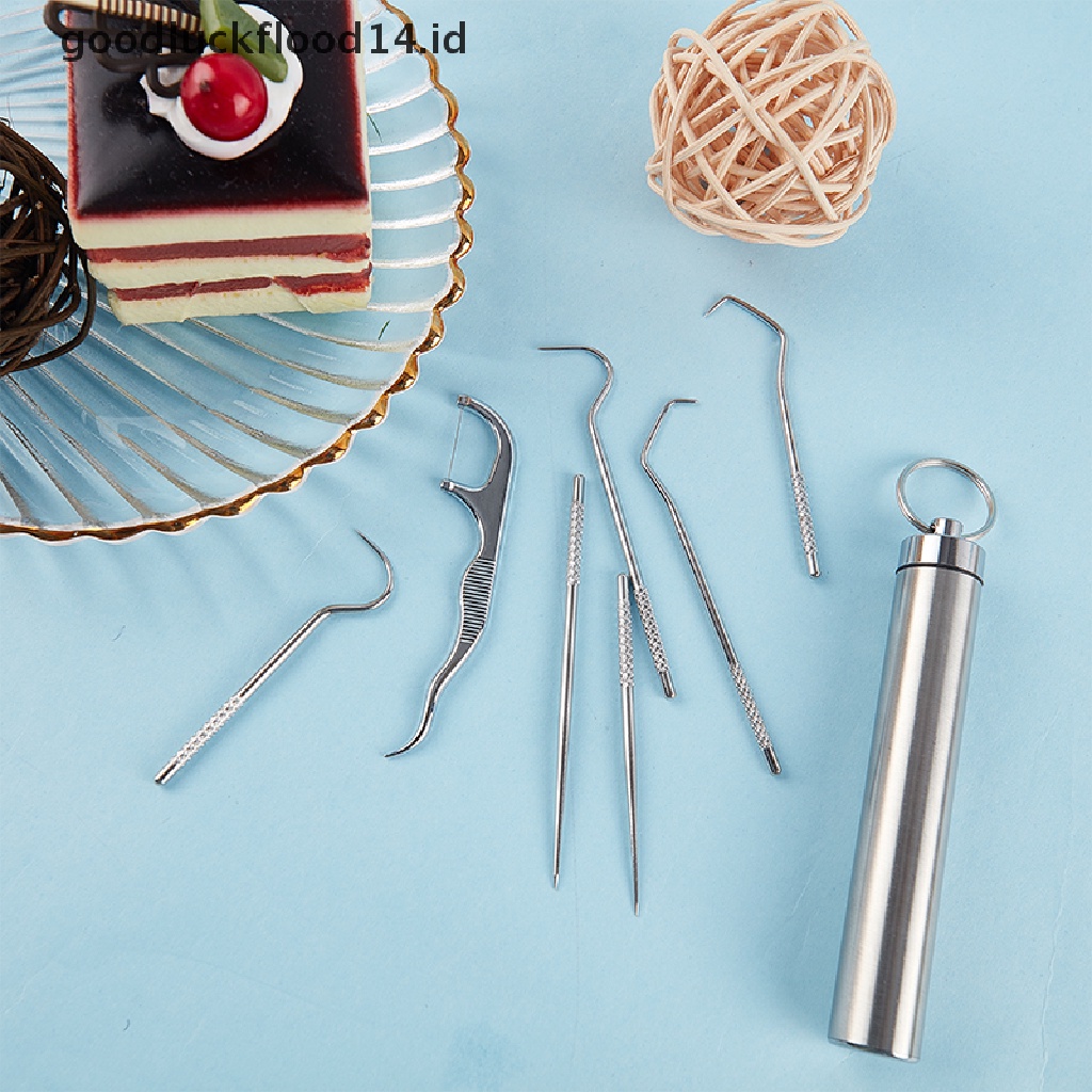 [OOID] 8Pc Portable Stainless Steel Metal Toothpick Bag Set Reusable For Outdoor Picnic ID