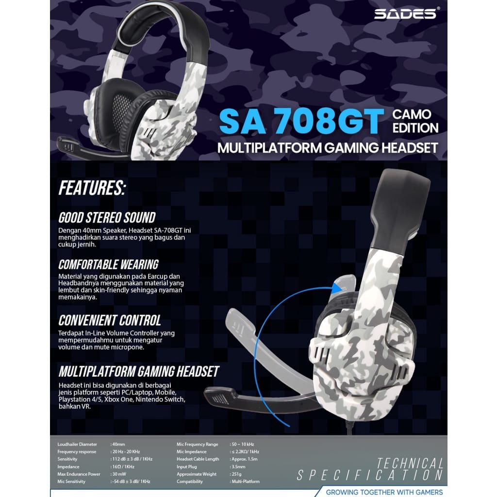 B - Sades SA708GT / SA-708GT Camo Multiplatform Gaming Headset