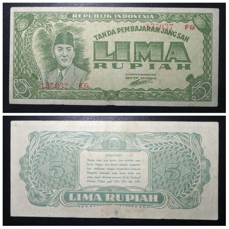 Uang Kuno 5 Rupiah Seri Republik Indonesia Serikat (RIS) Tahun 1945
