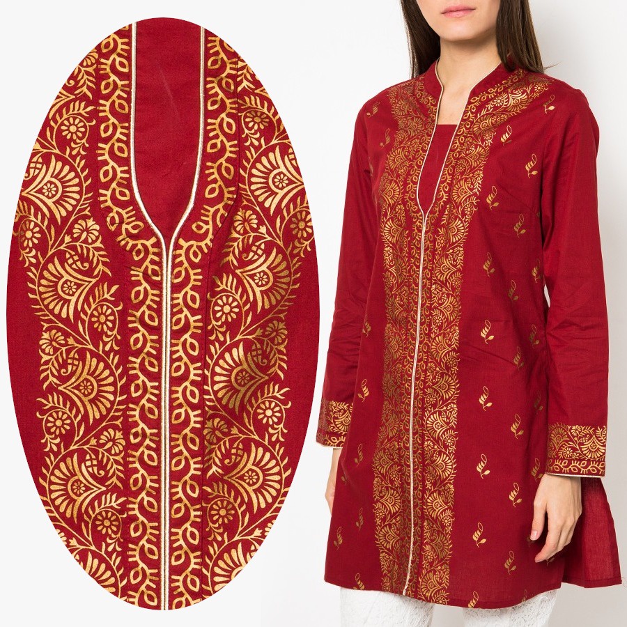 Tunik Atasan Muslim Warna Merah Motif Batik Emas Merek Mint Festive