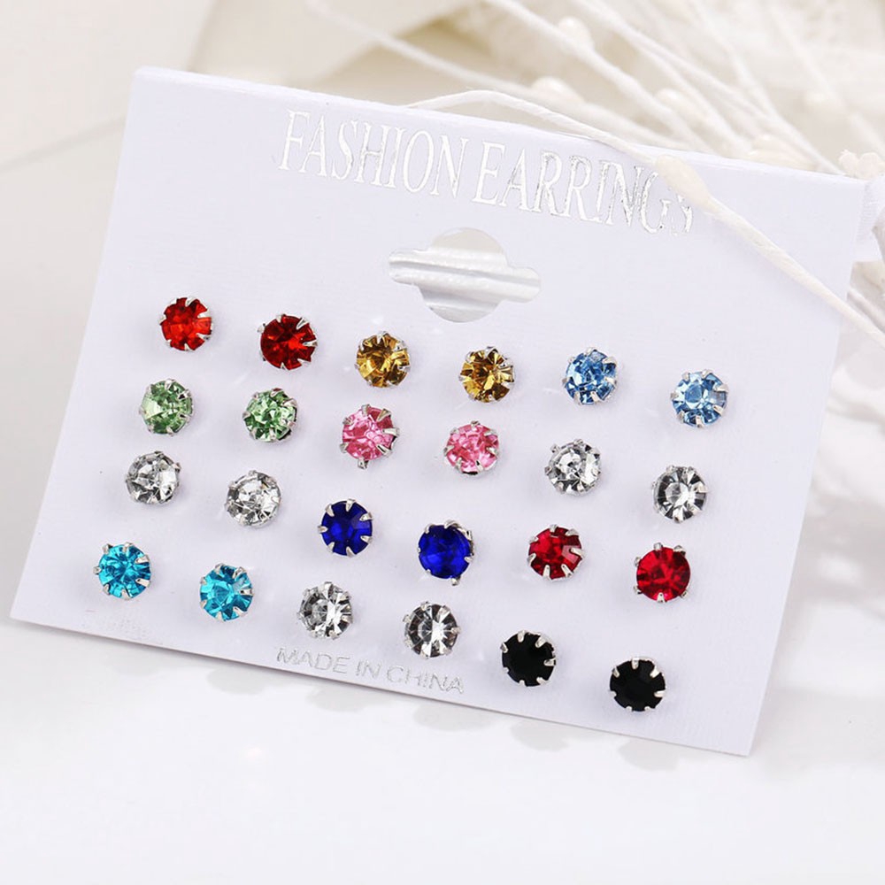 12 Pasang / Set Anting Tusuk Bentuk Bulat Geometris Aksen Kristal Warna-Warni Untuk Wanita