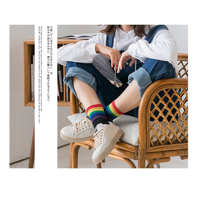 KK-50 kaos kaki wanita cotton tebal olahraga casual strip rainbow pela