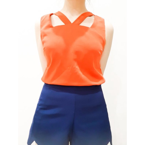 Crop top orange wanita tanpa lengan baju pendek wanita tanpa lengan