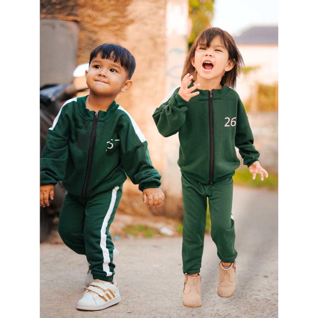 AIS - FLEECE SET | PAKAIAN ANAK LAKI-LAKI DAN PEREMPUAN SETELAN JACKET MUSIM HUJAN SQUID GAME UNTUK 