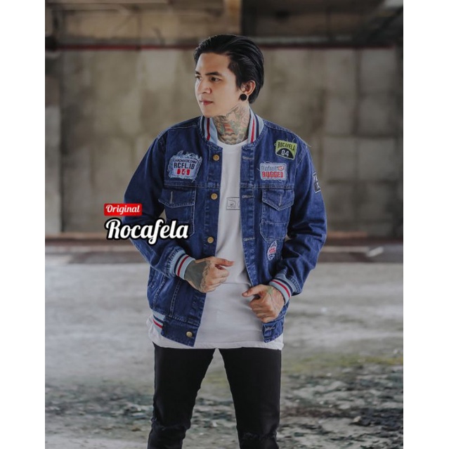 JAKET JEANS PRIA JAKET BOMBER BORDIR TEMPEL KEREN ROCAFELA JAKET DENIM COWOK BASEBALL JAKET MURAH