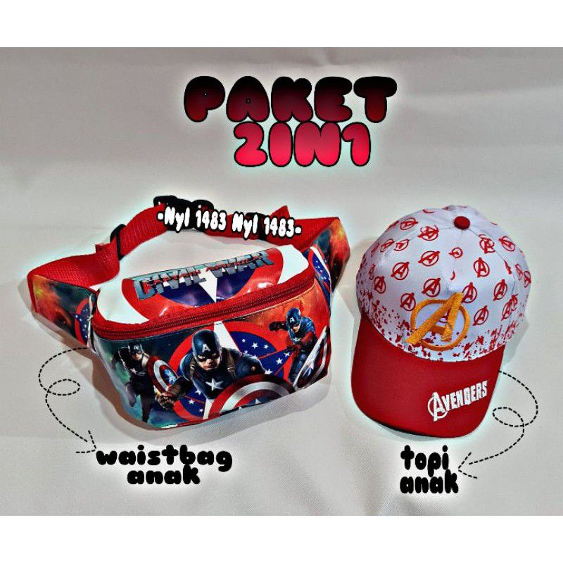 Waist bag anak laki-laki karakter superhero 2in1 - tas + topi