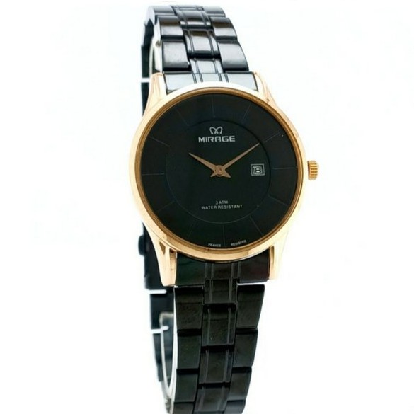 Jam Tangan Wanita Mirage 8670 Rantai Hitam Rosegold Original