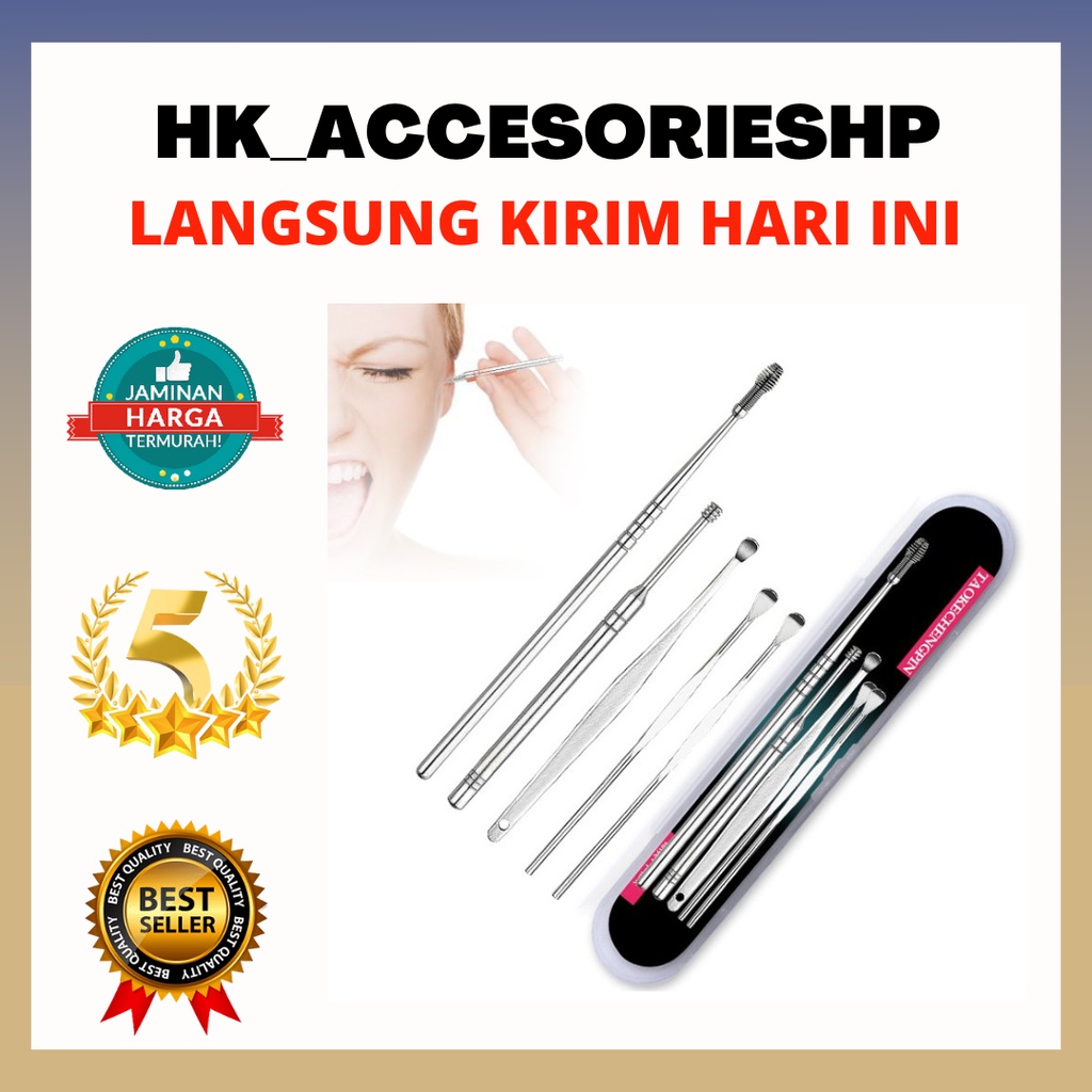 ALAT PEMBERSIH KOTORAN TELINGA KOREK KUPING STAINLESS EAR CLEANER KOTORAN SET ISI 5 ANTI KARAT WAX BESI